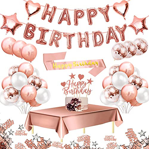 Humairc Palloncino Compleanno Rosa Oro, Decorazioni Compleanno, Happy Birthday Ghirlanda Coriandoli Palloncini Tovaglia Cake Topper Shoulder Straps Balloons, per Festa di Compleanno per Ragazza Donne