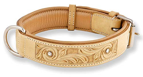 Monkimau Lederhalsband für Hunde, Premium Kristalle, Beige, M 37-43 cm
