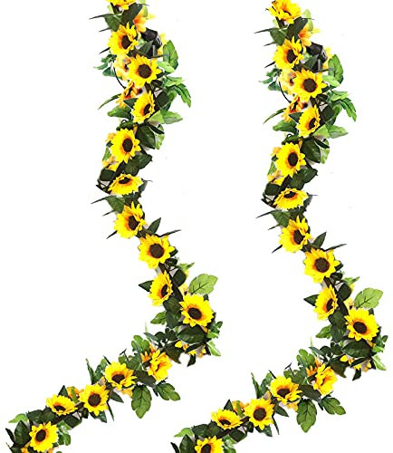 YELYAN 2 Stück Künstliche Sonnenblumen Fake Girlande Reben Hängende für Haus, Garten, Indoor Outdoor Hochzeit, Party Wall Arch Dekoration