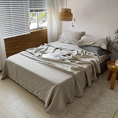 Simple&Opulence Washed Linen Bed Sheet Set Basic Style 4 Pieces (1 Flat Sheet & 1 Fitted Sheet & 2 Pillowcases) 100% Natural Linen Soft Breathable Farmhouse Bedding (Queen, Linen)