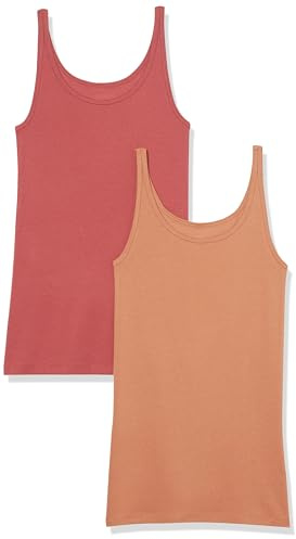 Amazon Essentials Top Ajustado sin Mangas y con Tirantes Finos Mujer, Pack de 2, Marrón/Rojo Ladrillo, L