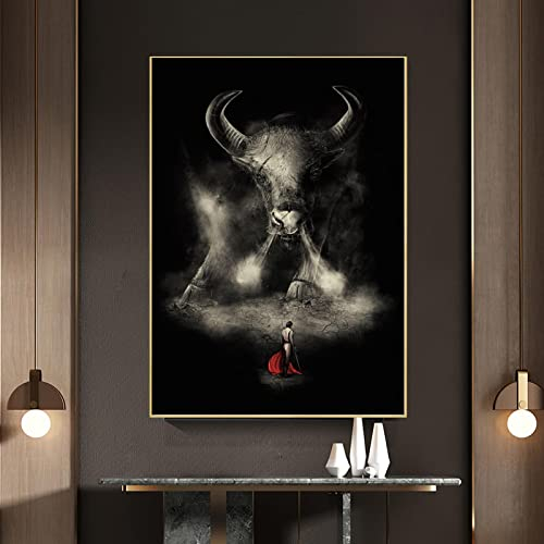 XIANGPEIFBH Leinwand Malerei Spanischer Stierkampf Wandkunst Stier Tier Poster Druck Wandbild für Wohnzimmer Innen Wohnkultur 20x30cm (8x12inch) Mit Rahmen
