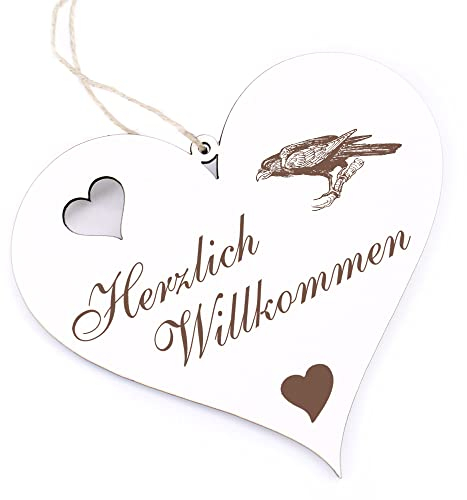 Herzlich Willkommen Schild - Rabe - Deko Herz Holz Willkommensschild Türschild Dekoschild Türdeko
