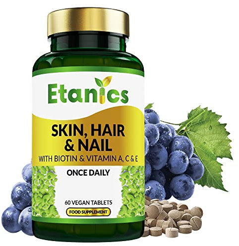 Etanics Skin, Hair & Nails with Biotin & Vitamins A, C & E – 60 Tablets Beauty Supplements with Vitamin C & Biotin for Men and Women – Vegan and Vegetarian – Etanics - Made in The UK