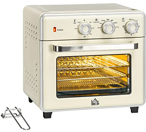 HOMCOM Minihorno con convección 20L Minihorno con bandeja de horno, rejilla grill y bandeja recogemigas, 90 °C-230 °C freidora de aire caliente con 5 modos, cesta para freír, temporizador 60 min.,