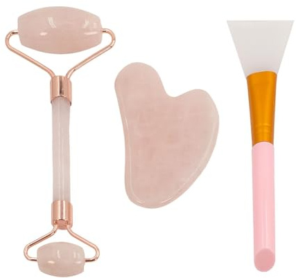 Intirilife 3-teiliges Gua Sha Gesichtsmassage Set Gesichtsroller aus natürlichen Rosenquarz - Gua Sha 8 x 5.4 cm - Roller 14 x 5.8 cm - Warm und Kalt anwendbar, Hautpflege für Gesicht und Augen