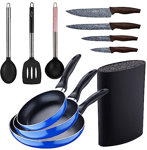 Set 3pc sarten (16+20+24cm) aluminio prensado, inducción, azul Navy Paradise con Set 3pc utensilios de cocina nylon con Set 4pc cuchillos acero inoxi