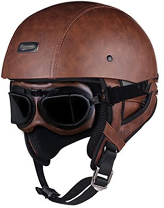 Vintage Offener Helm DOT/ECE-Zulassung, Rétro Motorrad Halbhelme, Motorradhelm Brain Cap Helme Mit Schutzbrille, PU-Leder Jethelme Herren Damen, Helme Für Scooter Moped ( Color : A , Size : S=(55-56cm