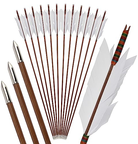 surwolf Bågskytte bambu pilar, 85 cm jakt pilar med fyra 4 kalkon fjädrar fletching för jakt Recurve båge, traditionell långbåge 12 st. (vit)