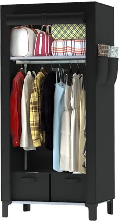 LOEFME Canvas Wardrobe 161 * 59 * 45cm, Wardrobes for Bedroom, New Base Design Fabric Wardrobes with 2 Storage Boxes and Side Pockets, Portable Wardrobe Suitable for Home, Apartment, Dormitory, Black