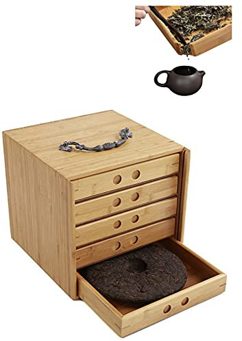 Caja organizadora de té grande, caja for tartas de té, caja de té de bambú con 5 bandejas de té, caja de tartas de té Pu'er, caja de almacenamiento de tartas de té natural for accesorios de té Kung Fu