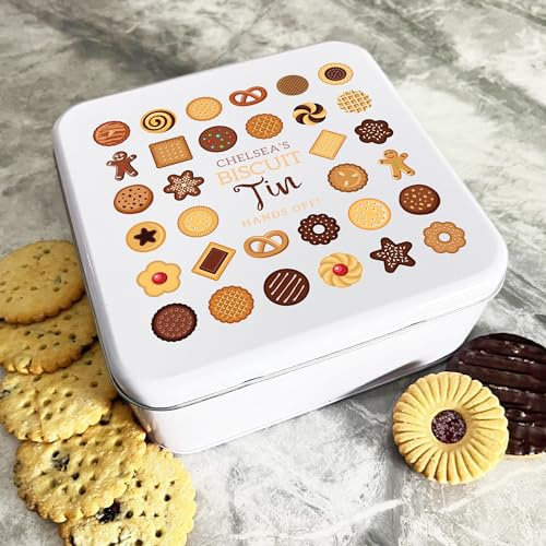 Fingerprint Designs Personalised Square Assorted Biscuit Hands Off Cake Tin | Custom Gift | Personalized Tin | Cake, Biscuit & Treat Tins | Gift For Her & Him