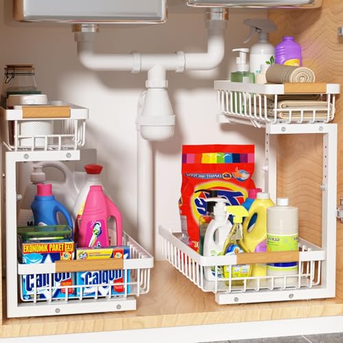 Liuoud Under Sink Organizer 2 Pack, 2 Tier Slide Out Large Capacity Height Adjustable Under Sink Organizers and Storage for Kitchen Bathroom Cabinet, White
