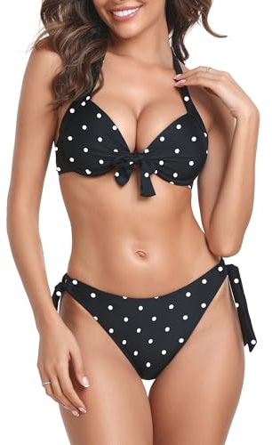 RELLECIGA Women Push Up Bikini Set Knot Front Underwire Swimsuits Low-Rise Bathing Suit(Black Polka Dot,Medium)