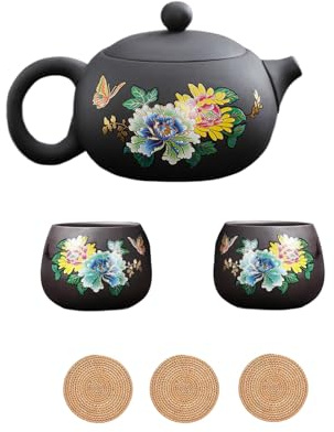 Teekanne Teetassen Set,Farbwechselnde Teekanne aus lila Ton,Kung Fu Teeset, Keramik 1 Topf 2 Tassen,Chinesisches Teeservice,Geschenke Für Teeliebhaber,Mit Untersetzer (B - Blume, Normal)