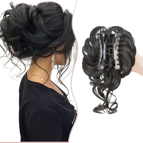 Claw Messy Bun Hairpieces Wavy Curly 75G Thick Hair Chignon Tousled Updo Doughnut Hair Bun Synthetic Ponytail, Dark Black