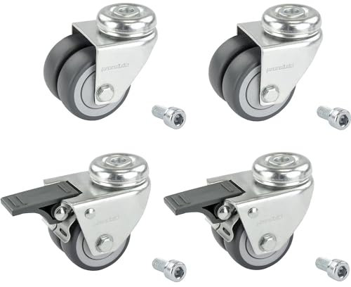 Proroll | Set Doppelrollen aus thermoplastischen Gummireifen | 4 Lenkrollen davon 2 mit Doppelstopp | mit Rückenloch | Rad-Ø x Breite 50 x 19 mm | Kugellager