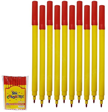 IRO Felt Tips Colouring Pens, RED, Pack of 10, Draw Sketch Colour Mark Write Felt Pens, School Office Home Classroom Ideal Use, iZOFAX Black Ball Pen