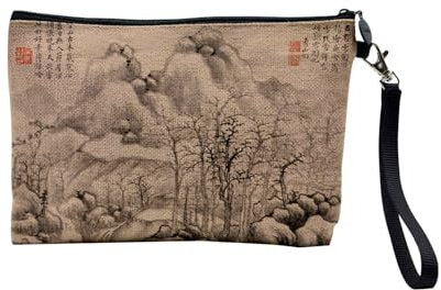 Pochette en Lin - Estampe Japonaise 4 Montagne et Arbres Art Délicat Original Vintage - Trousse Maquillage en Toile Aspect Lin - Trousse de Toilette - 23,5 x15 cm
