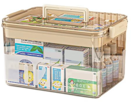 Medikamenten aufbewahrung Sortierbox Aufbewahrung mit Griff - Aufbewahrungsboxen mit Deckel 10L, Medikamentenbox groß Fächer Aufbewahrungsbox, Clear Storage box, Craft Veranstalter, 29*21*17cm (Braun)