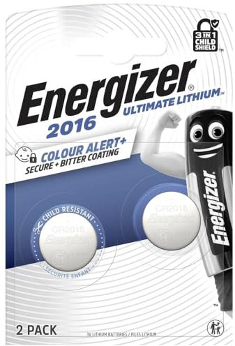 Energizer Pilas CR2016 (Paquete de 2) - Baterías de Botón 3V Litio - La Primera Pila 3 in 1 Child Shield - technología de Alerta de Color - 12 años de Almacenamiento