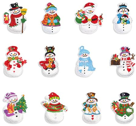 Fiorky 12Pcs Christmas Tree Pendants, 5D Diamond Acrylic Christmas Cartoon Diamond Painting Hanging Ornament Rhinestone Diamond Art Window Pendants Bedroom Decoration Art Kits,DIY Xmas Decor