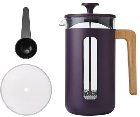 La Cafetière Pisa, Caffettiera francese da 8 tazze, con robusto stantuffo in acciaio inox, resistente al calore, viola, con elegante manico in legno naturale, versatile, per caffè e tè, 1 l