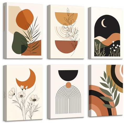 6pcs Cadre en Bois Impression sur Toile Boho Lignes Géométriques Colorées Tableau Mural Bohème Plantes Vertes Fleurs Peinture Photo sur toile Tableau Decoration Murale Salon Chambre 20x30 cm x6