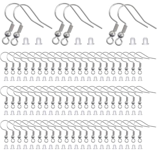 NJCXOLA 100 Pezzi Ganci Orecchini, Ganci Orecchini Fai Da Te Anallergici, 100 Tappi Trasparenti Per DIY Orecchini, Creazione di Gioielli, Accessori per Orecchini(Argento)