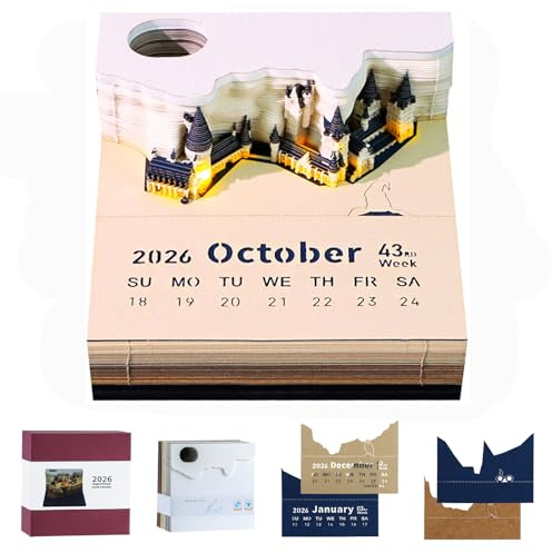 3D-Kalender 2026, 2026 Einzigartiger Papier-Skulptur-Kalender für die Schreibtischdekoration, 3D-Notizblock-Zeitmesser-kalender 2026 zum Abreißen mit LED-Beleuchtung und Acryl-Displaybox
