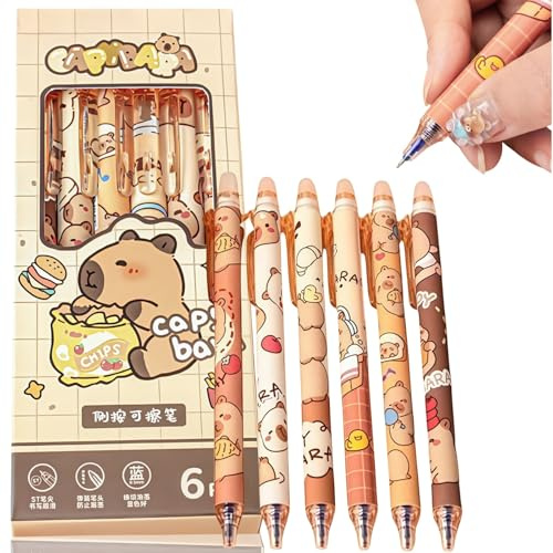6PCS Erasable Gel Pens,Cute Capybara Design,0.5mm Blue Ink,Retractable,Soft Grip,Erasable Pens,Capybara Gifts,Kawaii Stationery,Pen with Eraser,Capybara Stationery Set,School Office Supplies