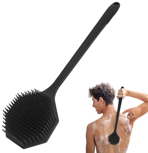 Astrumdex Spazzola per Pulire Doccia con Manico Lungo 42.4cm - Spazzola Corpo a Secco in Silicone con Doppia Faccia per Esfoliazione e Massaggio, Spugna Doccia per Schiena e Corpo