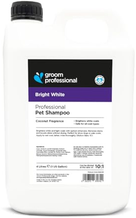 Groom Professional Bright White Dog Shampoo (4 L) – Salon Size 10 : 1 Concentrate, Brightens White and Light Coats, Removes Stains, Enhances Shine, Gentle Fresh Scent, Made in UK