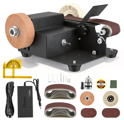 Mini Bandschleifer, Elektrischer Bandschleifer, 7-stufig Verstellbarer Polierer, Schleifmaschine mit 20pcs Schleifbänder 20pcs Schleifpapier, Messerschärfer mit Schleifscheibe Polierscheibe Bohrfutter