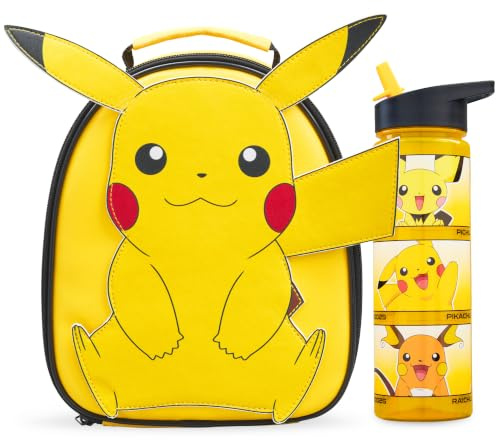 Get Trend Pokemon Pikachu Bolsa Térmica Infantil 2 Piezas, Diseño 3D Lunch Bag con Botella de Agua 500 ml, Libre de BPA, Ligero y Resistente para Colegio y Escuela (Amarillo/Negro Pikachu)