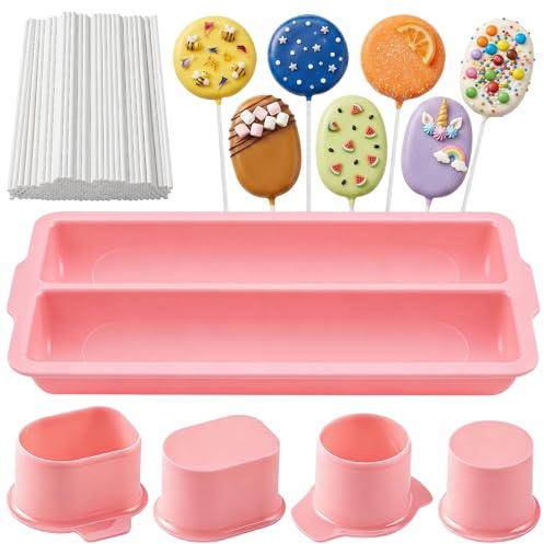 FrostyFlair Molde para Cake Pops, Set con Soporte y 2 cortadores Redondos, Bandeja de 22,8 cm y 100 palitos para postres en casa, Rosa