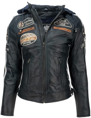 URBAN 5884 Motorradjacke Damen Mit Protektoren, Damenjacke aus Lammleder, Protektoren für Rücken, Schultern und Ellenbogen | Navy Blau | XL