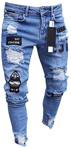 Männer Jeans - Coole Schwarze Skinny Ripped Destroyed Stretch Slim Fit Hip-Hop Hose Mit Löchern Und Reißverschluss - M Blau