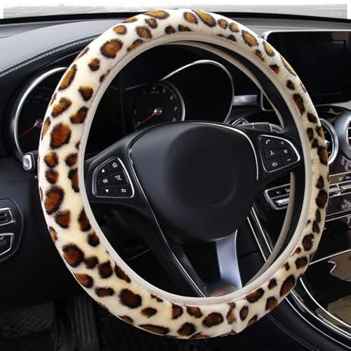 Housse de volant de voiture motif léopard, universelle, antidérapante et chaude pour l'hiver, pelucheuse, compatible avec la plupart des voitures de diamètre 36 à 38 cm