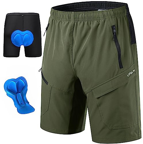 Men's Mountain Bike Shorts 3D Padded Baggy Bicycle Riding Cycling Shorts Quick Dry Lightweight Biking Shorts(Green L)