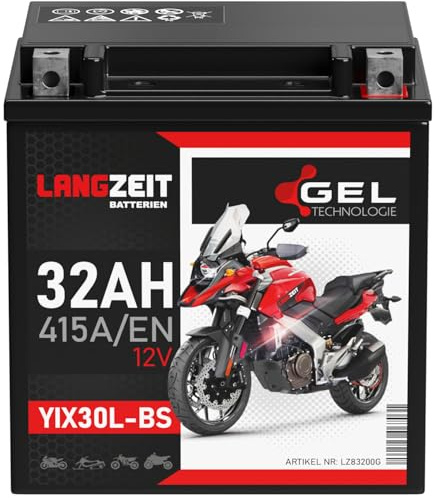 LANGZEIT YIX30L-BS Batterie de démarrage pour moto 12V 32Ah 415A/EN, Gel, YB30L-BS 83200 Motorcycle, Scooter, Quad, sans entretien, scelleé, préchargée, remplace 30Ah