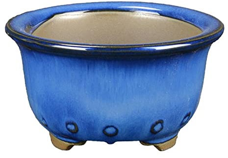 Runde Morrisan japanische Bonsaischale aus blau glasiertem Steinzeug 7x7x4 cm - B02-8-7B
