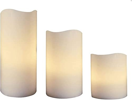Brandsseller 3er Set LED Kerzen | Licht Warm Weiß | Flackernd | Outdoor | 5 Stunden Timer | Elfenbein | Ø 7,5 cm Höhen 10, 15 und 20 cm