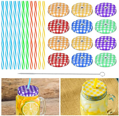 TOOINKCV 12 Stk Mason Jar Deckel, Schraub Deckel Metall für Trinkgläser Getränkedosen Verschluss Marmeladengläse Deckels, Silikonringe Ersatzdeckel mit 12 Strohhalm und Trinkhalmbürste
