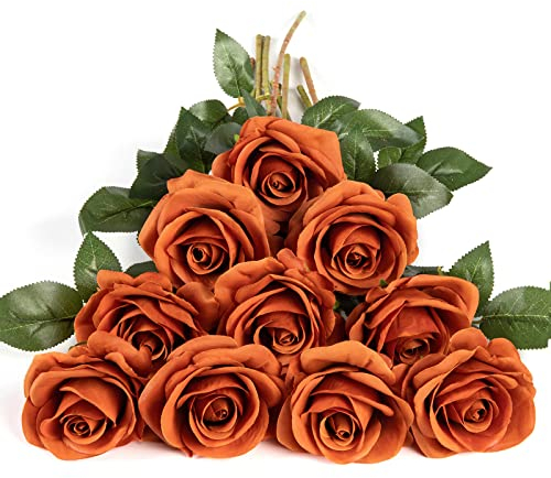 DuHouse 10Pcs Artificial Roses Fake Silk Flowers Realistic Bridal Bouquets with Single Long Plastic Stems for Arrangement Wedding Table Centerpiece Party Home Decor(Burnt Orange)