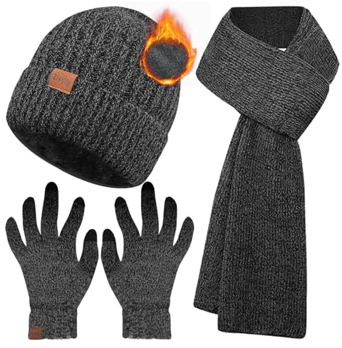 Ziwijity Schal Mütze und Touchscreen Handschuhe Set Für Herren Damen，Winter 3 In 1 Mütze Handschuh Beanie Strickmütze Langer Schals Verdickte Und Weiche Wolle
