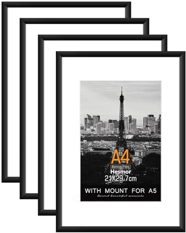Hesmor A4 Aluminum Acrylic Picture Frames Black - 8 x 12 inch Certificate Frames, Set of 4 Poster Frame with Mount for A5 Prints, Clear Plexiglass, Table Top and Wall Mounting Options