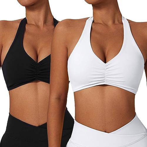 Litthing Sports Bras Women Sexy Halter Neck Bras Solid Color Gym Bralettes Quick Drying Elastic Yoga Bra Mid Impact Support Running Bra with Removal Pads for Workout Fitness Casual
