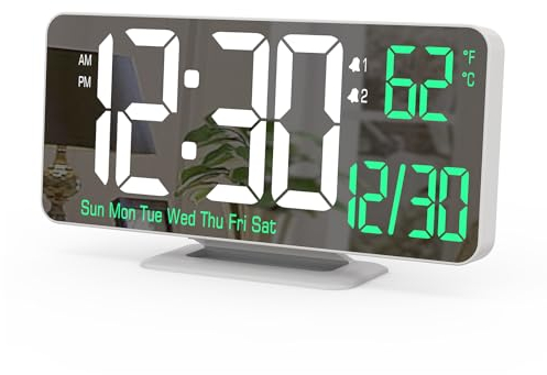 KOSUMOSU Wecker für das Schlafzimmer, 6,7-Zoll-LED-Tischuhr, Spiegeluhr, Doppel-Wecker für Wohnzimmer mit Sekundenanzeige, Datum, Woche, 12/24h-Modus, Dimmfunktion, Temperaturanzeige