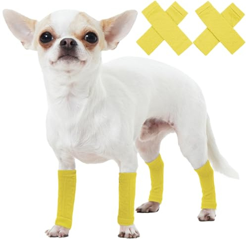ROZKITCH Ellenbogenschutz für Hunde, 2 Stück Vorderbein- und 2 Hinterbeinbandage, Hunde-Ellenbogenbandage, Beinwärmer, Wickelschutz, elastische gestrickte atmungsaktive Schutzsocke, gelb, Größe S